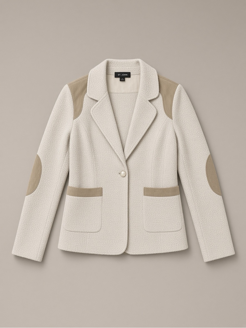 Vintage St. John Ivory Boucle Jacket Size 8 Suede Yoke USA